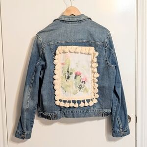 Cactus Embellished Denim Jacket L - Western Boho Fringe & Pom Pom Patch